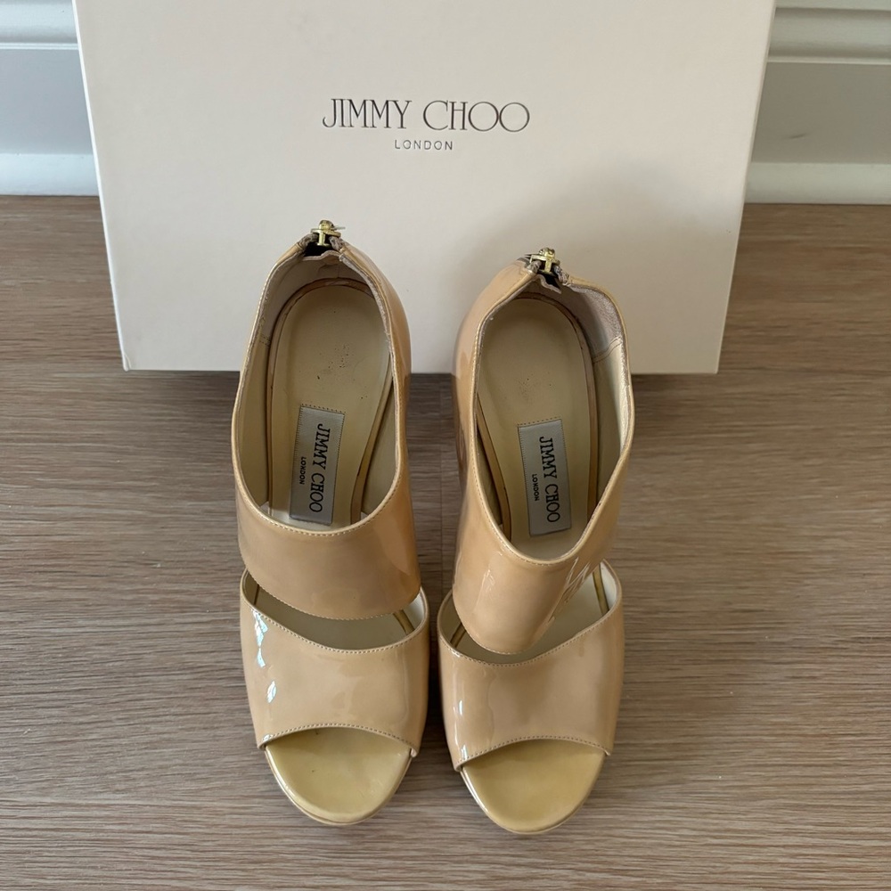 Jimmy Choo Nude Patent leather banded heels